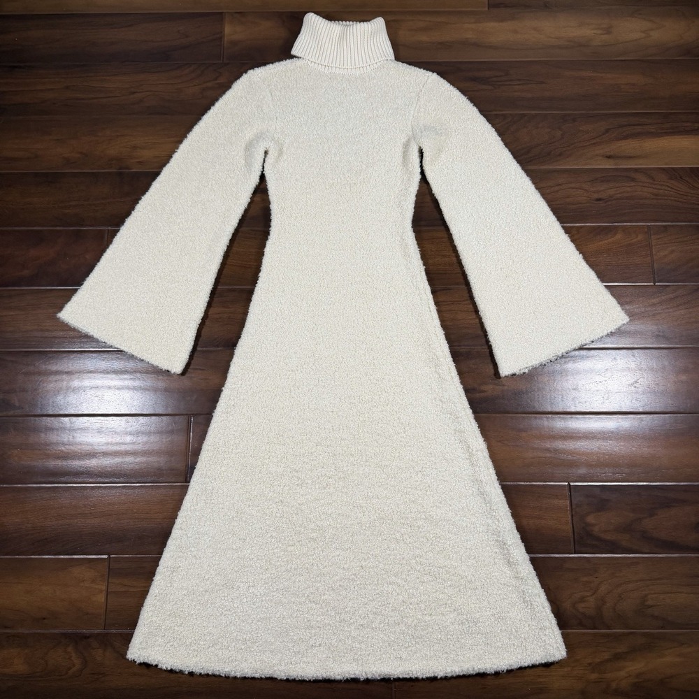 GRLFRND‎ Size XS Ivory Maeko Boucle Thick Knit Midi Sweater Dress Bell Sleeve